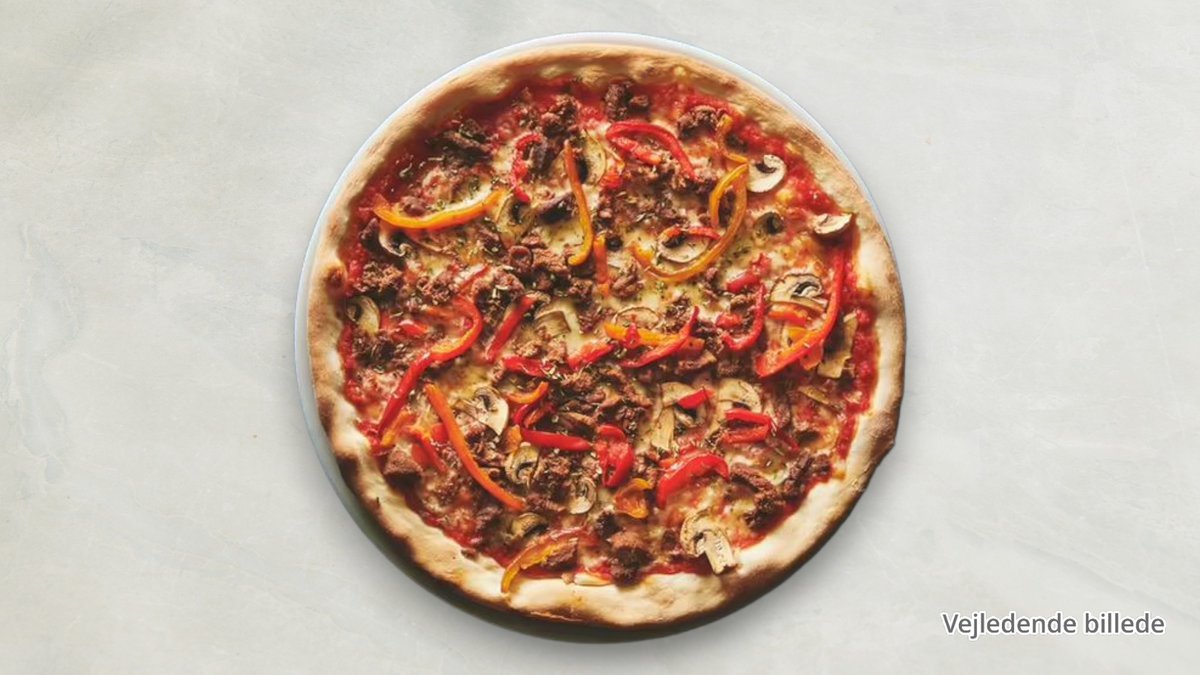 Torino – Tomatsauce, ost, kødstrimler, champignon og grøn peberfrugt.
