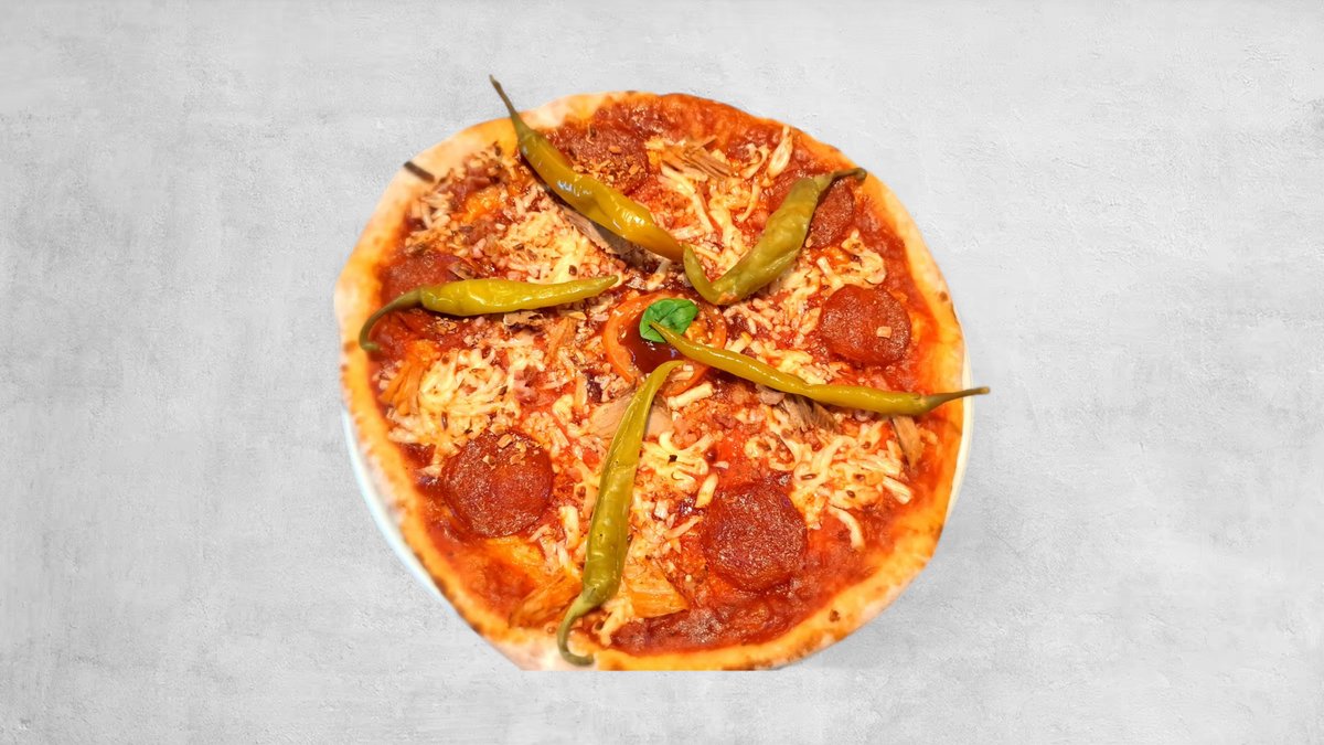 Pizza alla Diavola – - paradicsomszósz, mozzarella, szalámi, gomba, pepperoni
-to...