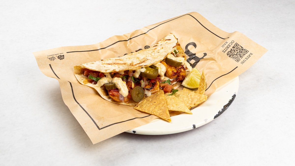 Quesadilla Diablo Shrimp – Soft wheat tortilla, corn aioli sauce, melted mozzarella che...