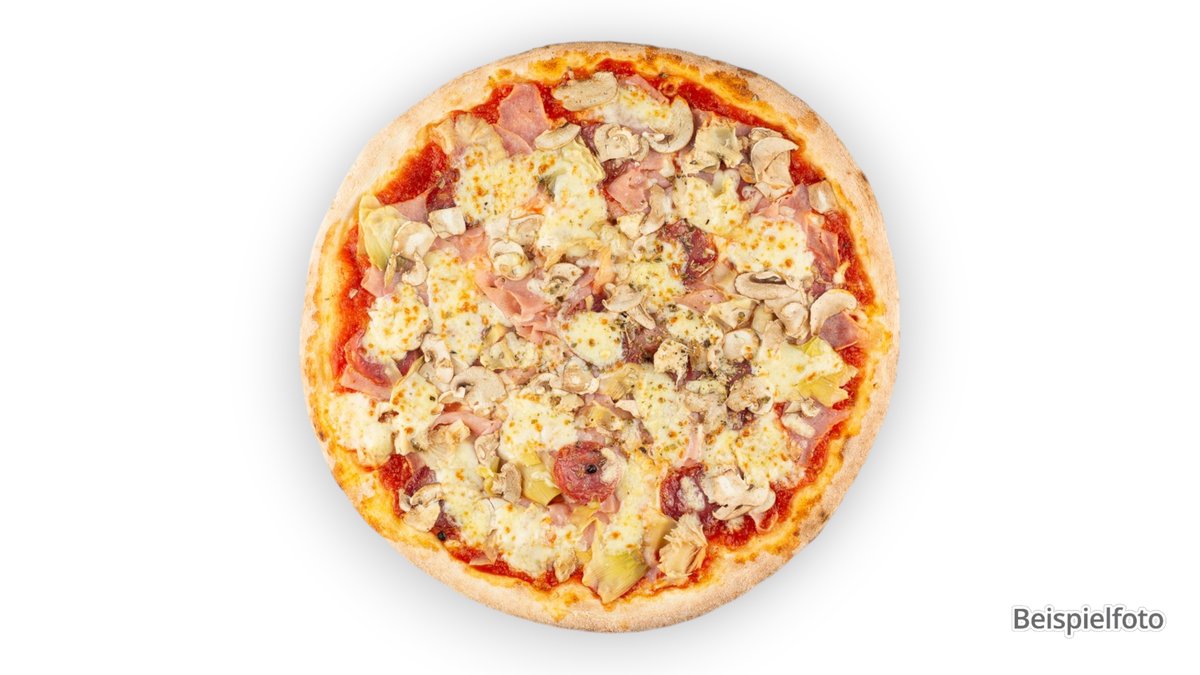 XXL Pizza Quattro Stagioni – with formed pork meat ham, assembled from meat cuts, champig...