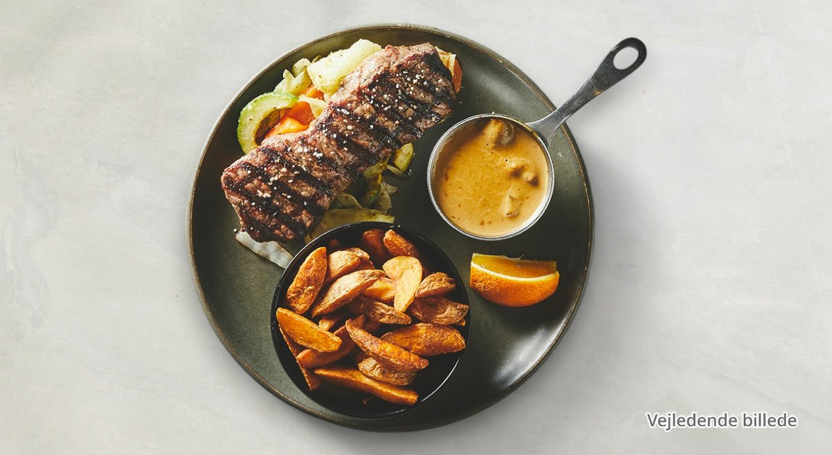 Oksefilet – Mør oksefilet serveret med græske kartofler, klassisk pebers...