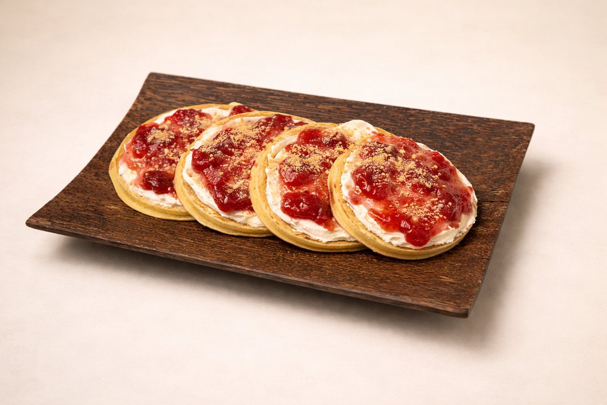 Cheesecake Pancakes – Mascarpone cream, Strawberry jam , Crushed Biscuits