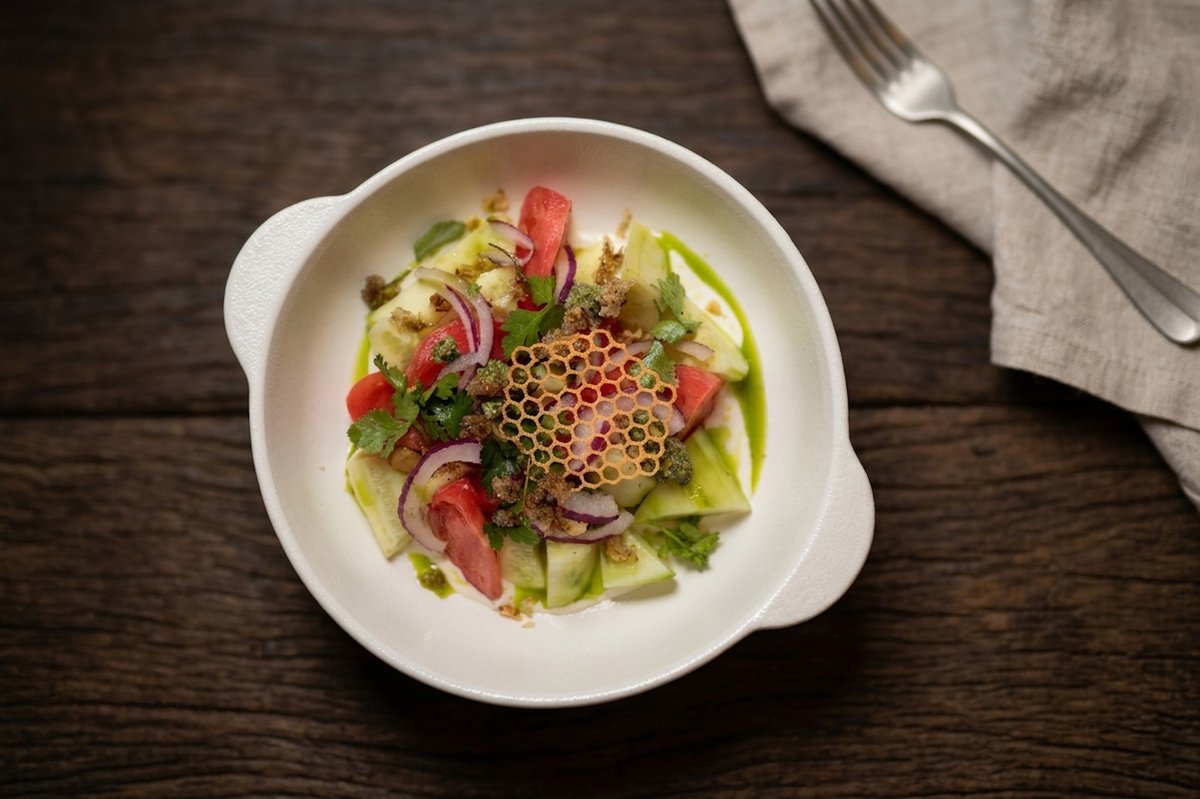 Georgian salad – Juicy tomato, cucumber, whipped goat cheese, toasted walnuts...