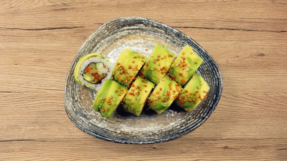 Kaburimaki Love Green (8 stk) (V) – Tempura asparges, avocado og agurk toppet med avocado og ses...