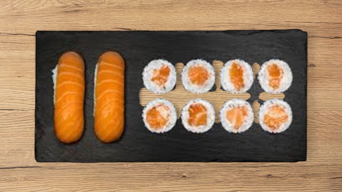 Menu 1 (10 stk) – Nigiri: 
2 x Laks
Hosomaki: 
8 x Laks